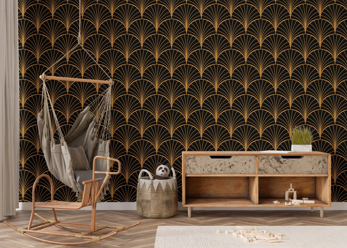 Modern yellow Art Deco wallpaper for nursery room interiors.