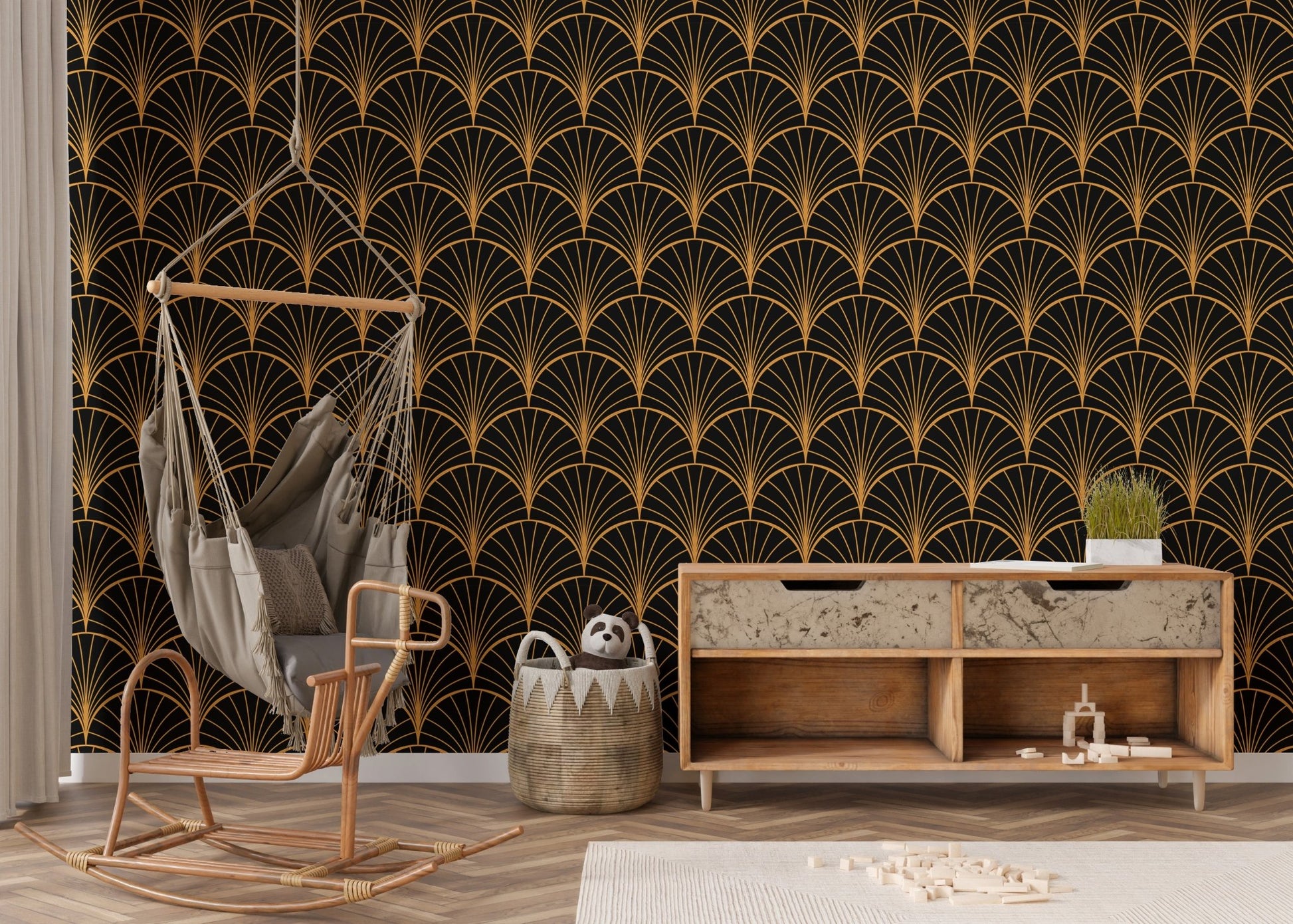 Modern yellow Art Deco wallpaper for nursery room interiors.