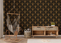 Modern yellow Art Deco wallpaper for nursery room interiors.