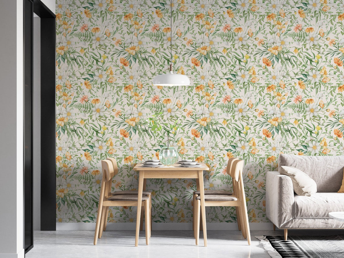 Flower wallpaper with yellow buds and green leaves in a sunlit dining room.