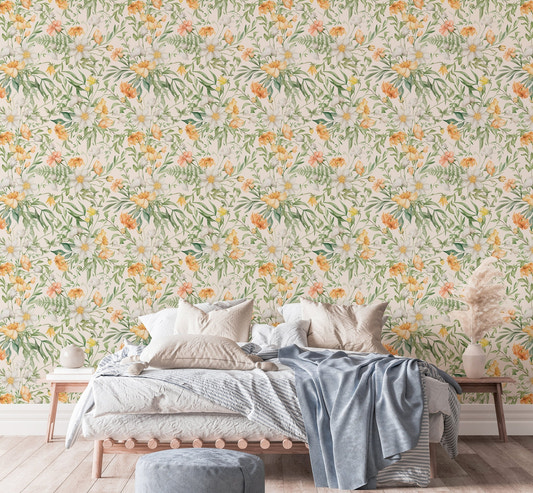 Yellow Colors Flower Meadow Wildflower and Foliage Wallpaper in a bright bedroom setup.