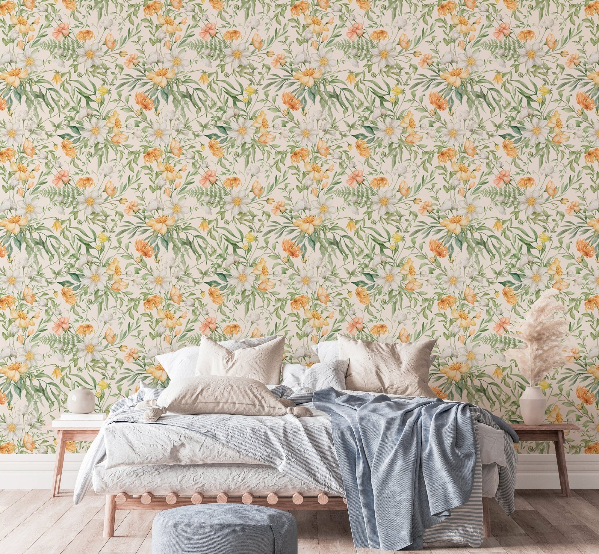 Yellow Colors Flower Meadow Wildflower and Foliage Wallpaper in a bright bedroom setup.