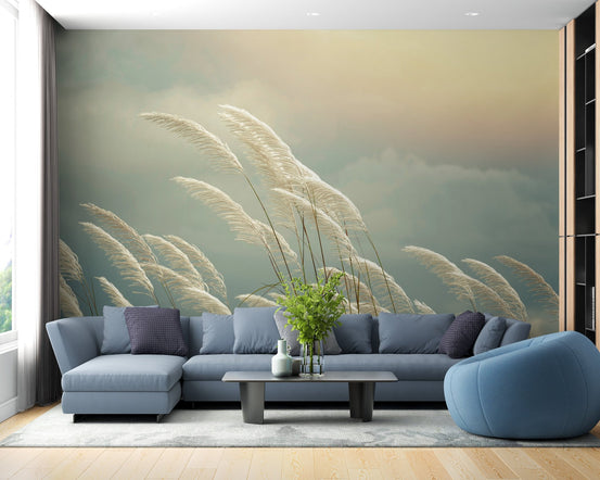 Yellow Grass Reeds Springtime Mural in a lounge with a blue sectional sofa.