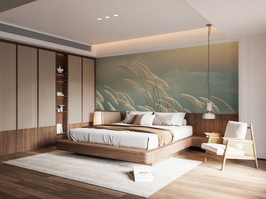 Yellow Grass Reeds Springtime Mural in a master bedroom with wooden furniture.
