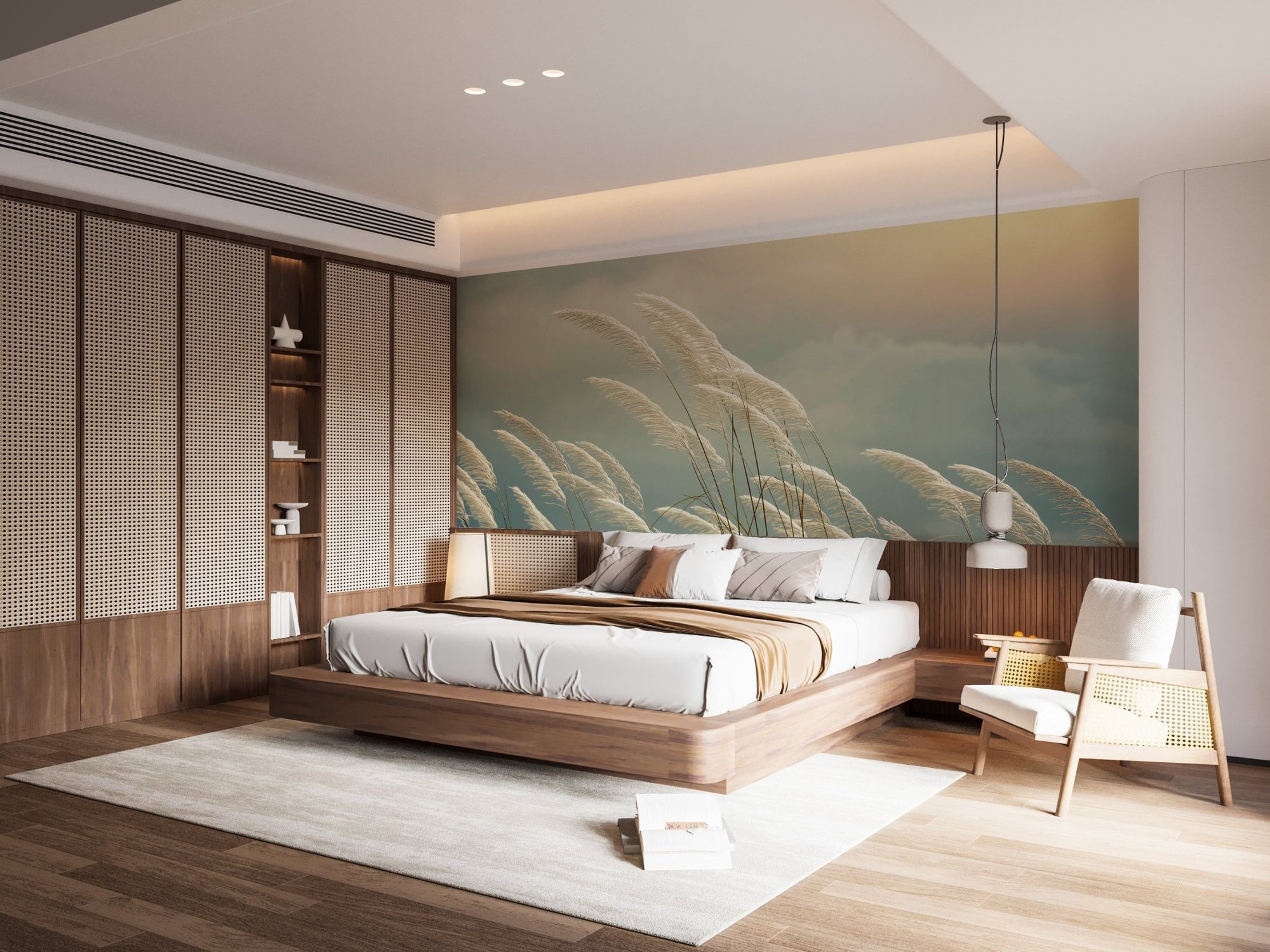 Yellow Grass Reeds Springtime Mural in a master bedroom with wooden furniture.