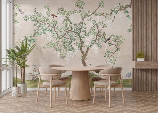 Zen Garden Birdscape Wall Murals in a dining room with wooden furniture.