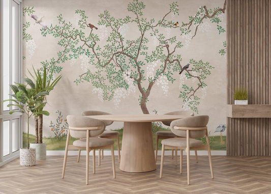 Zen Garden Birdscape Wall Murals in a dining room with wooden furniture.