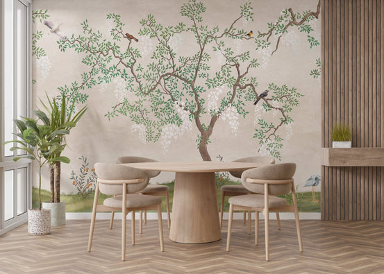 Zen Garden Birdscape Wall Murals in a dining room with wooden furniture.
