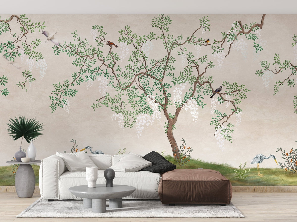 Minimalist tree wall mural in a living area showing zen garden.
