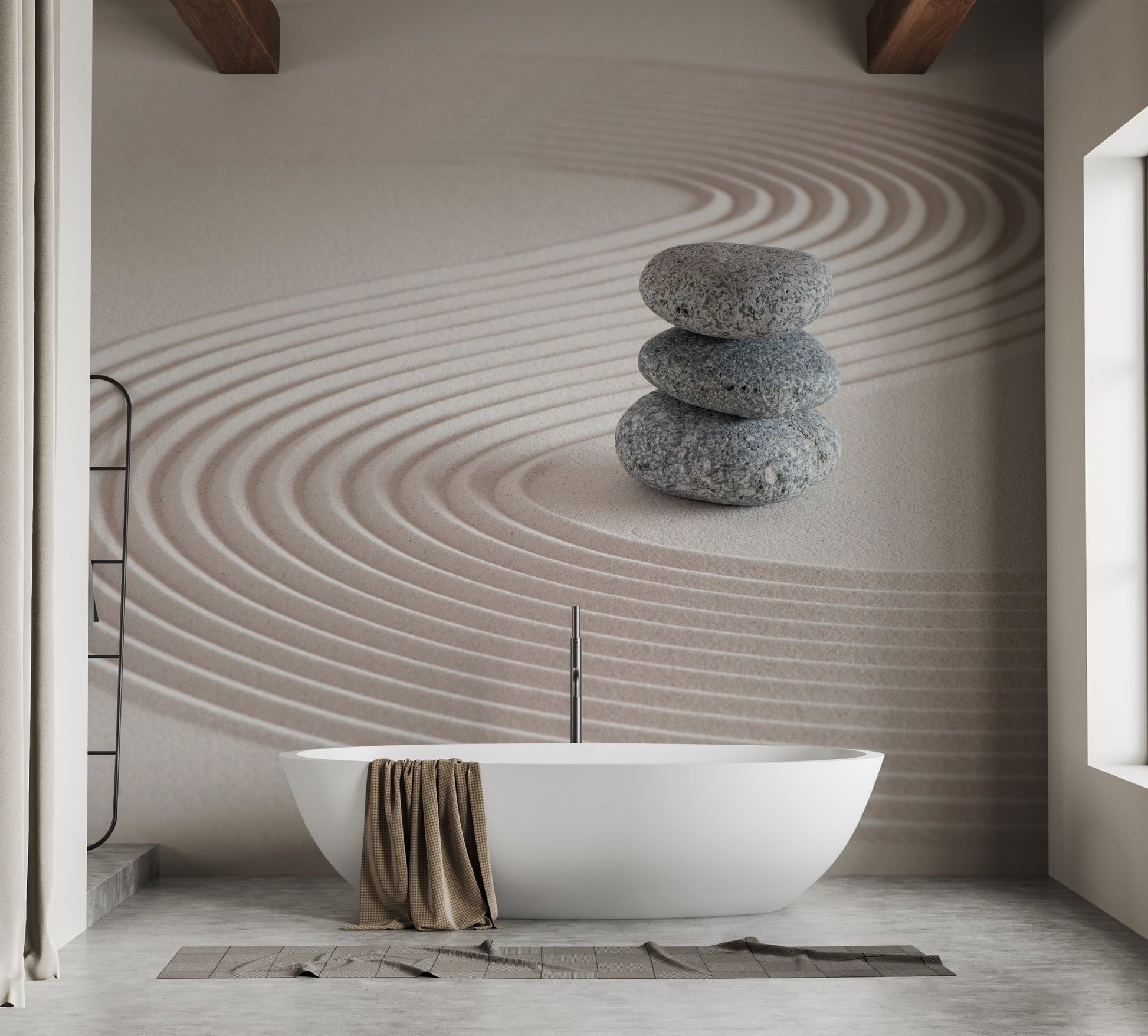 Textured zen garden wallpaper mural with flowing sand lines.