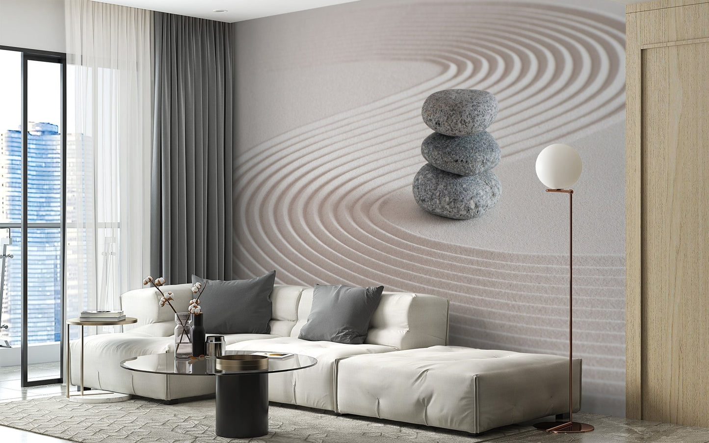 Tranquil ripple texture wallpaper mural with natural stone detail.