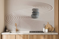Contemporary zen garden wallpaper mural in light cream tones.