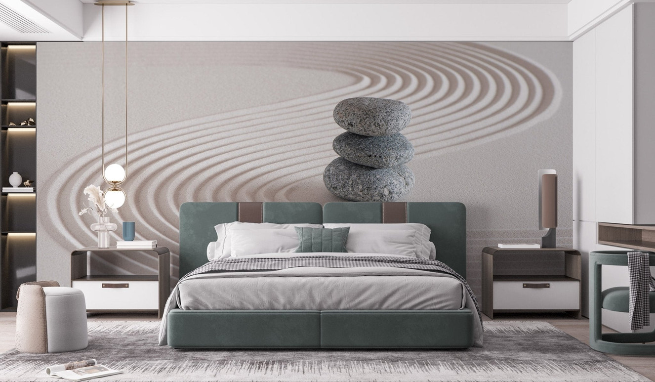 Zen garden wallpaper mural with stacked stones and soft sand curves.