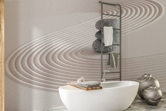 Minimal beige zen garden wall mural with balanced stone stack design.